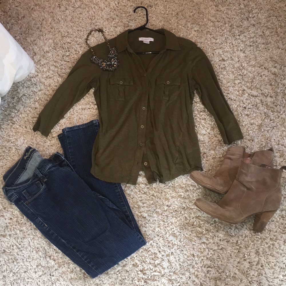 olive green button down shirt.